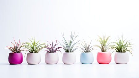 Colorful potted succulent plants isolated on white background with copy spaceの素材