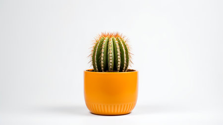 Photo of Barrel_cactus in minimalist orange pot as houseplant for home decoration isolated on white backgroundの素材