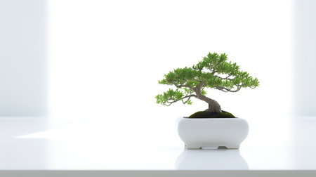 Bonsai tree in white pot on white table with copy spaceの素材