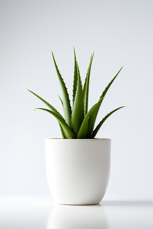 Photo of aloe vera in minimalist pot as houseplant for home decoration isolated on white backgroundの素材