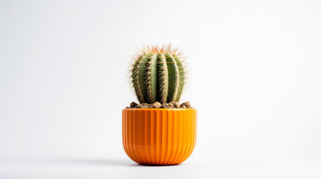Photo of Barrel_cactus in minimalist orange pot as houseplant for home decoration isolated on white backgroundの素材