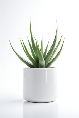 Photo of aloe vera in minimalist pot as houseplant for home decoration isolated on white backgroundの素材