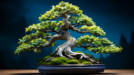 Bonsai tree in pot on wooden table and dark blue backgroundの素材