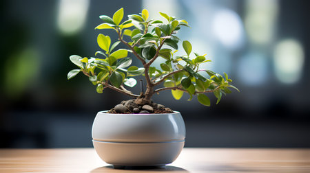 Bonsai tree in white pot on wooden table and blurred backgroundの素材