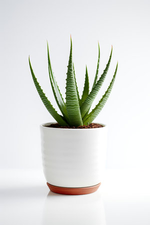 Photo of aloe vera in minimalist pot as houseplant for home decoration isolated on white backgroundの素材