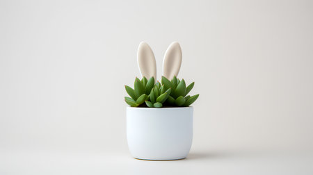 Photo of decorated cactus with rabbit ears as houseplant in minimalist pot isolated on white backgroundの素材