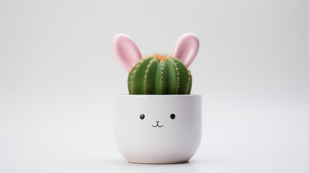 Photo of decorated cactus with rabbit ears as houseplant in minimalist pot isolated on white backgroundの素材