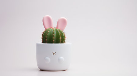 Photo of decorated cactus with rabbit ears as houseplant in minimalist pot isolated on white backgroundの素材