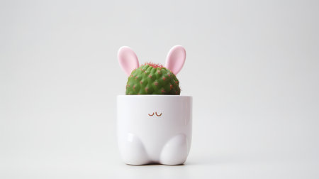 Photo of decorated cactus with rabbit ears as houseplant in minimalist pot isolated on white backgroundの素材