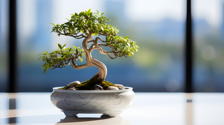 Bonsai tree in a ceramic pot on a table with blurred backgroundの素材