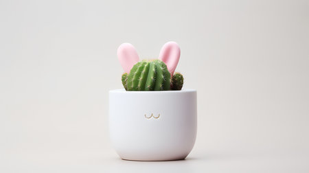 Photo of decorated cactus with rabbit ears as houseplant in minimalist pot isolated on white backgroundの素材