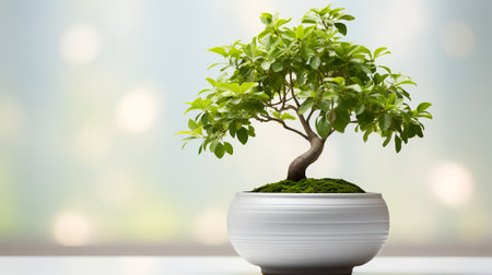 Bonsai tree in a pot on the table with blurred backgroundの素材