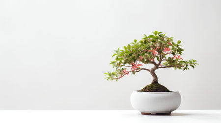 bonsai tree in white pot on white table and white wall backgroundの素材