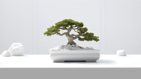 Bonsai tree in pot on white background. 3D renderingの素材