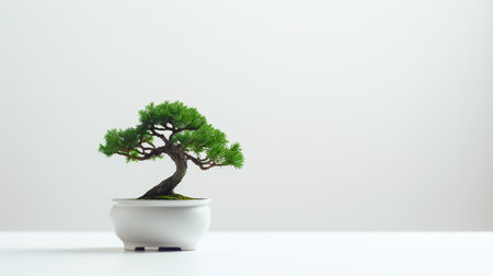 Bonsai tree in white pot on white table and white wall backgroundの素材