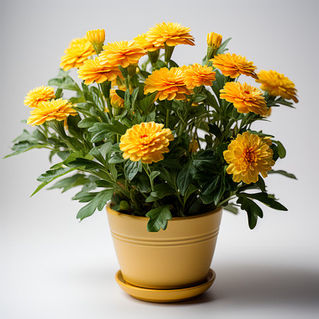yellow chrysanthemum flowers in a pot on a white backgroundの素材