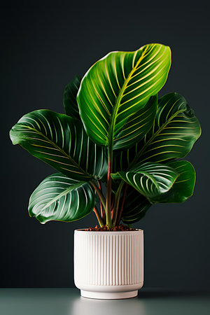 Houseplant in a white pot on a dark background. Copy space.の素材