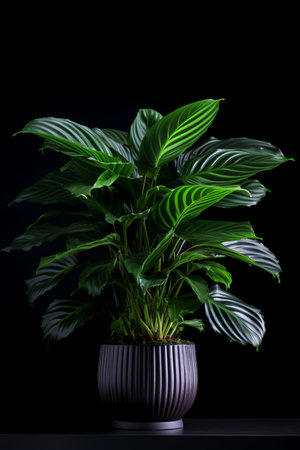 Calathea in a pot on a black background. House plants.の素材