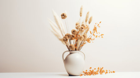 Photo of dry_flowers in minimalist pot as houseplant for home decoration on table isolated on warm color backgroundの素材