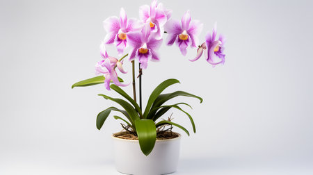 Photo of Cattleya in minimalist pot as houseplant for home decoration isolated on white backgroundの素材