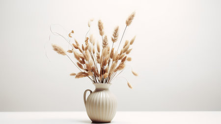 Photo of dry_flowers in minimalist pot as houseplant for home decoration on table isolated on warm color backgroundの素材
