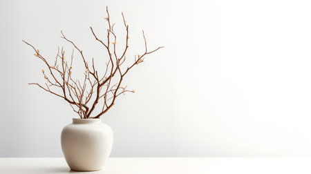 Photo of dry_twigs in minimalist pot as houseplant for home decoration on table isolated on white backgroundの素材