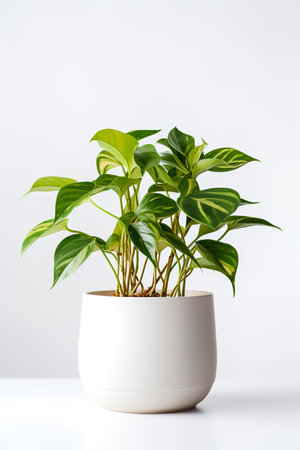 Photo of Epipremnum_aureum in minimalist pot as houseplant for home decoration on white table isolated on white backgroundの素材