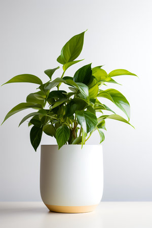Photo of Epipremnum_aureum in minimalist pot as houseplant for home decoration on white table isolated on white backgroundの素材