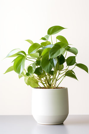Photo of Epipremnum_aureum in minimalist pot as houseplant for home decoration on white table isolated on white backgroundの素材