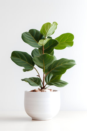 Photo of Ficus_lyrata in minimalist pot as houseplant for home decoration on white table isolated on white backgroundの素材