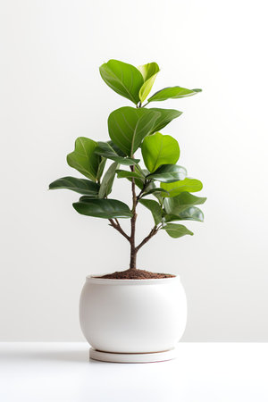 Photo of Ficus_lyrata in minimalist pot as houseplant for home decoration on white table isolated on white backgroundの素材