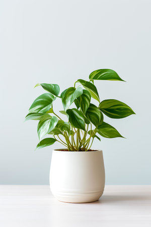 Photo of Epipremnum_aureum in minimalist pot as houseplant for home decoration on white table isolated on white backgroundの素材