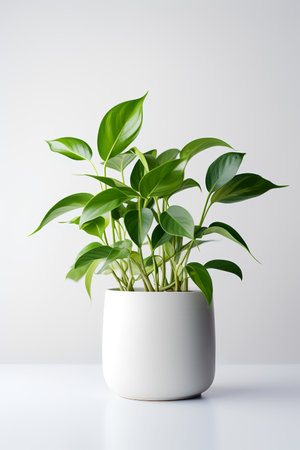 Photo of Epipremnum_aureum in minimalist pot as houseplant for home decoration on white table isolated on white backgroundの素材