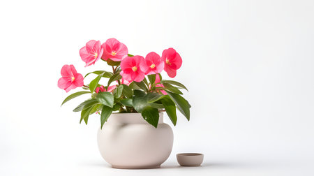 Photo of Impatiens flowers in minimalist pot as houseplant for home decoration isolated on white backgroundの素材