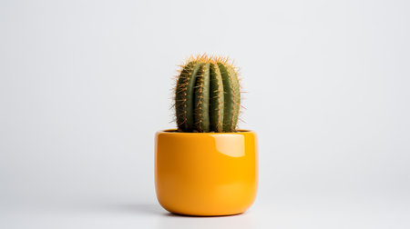 Photo of Golden_barrel_cactus in minimalist yellow pot as houseplant for home decoration isolated on white backgroundの素材