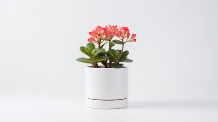 Photo of Kalanchoe in minimalist pot as houseplant for home decoration on white table isolated on white backgroundの素材