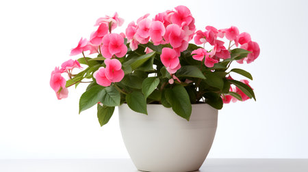 Photo of Impatiens flowers in minimalist pot as houseplant for home decoration isolated on white backgroundの素材