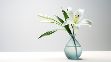 Photo of lily_on_minimalis_transparant_vase as houseplant for home decoration on white table isolated on bright backgroundの素材