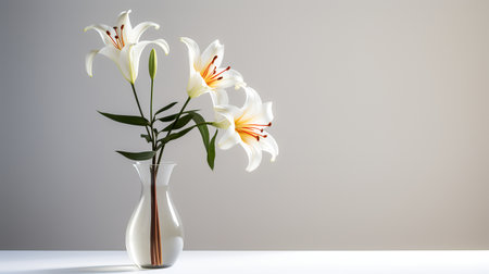 Photo of lily_on_minimalis_transparant_vase as houseplant for home decoration on white table isolated on bright backgroundの素材