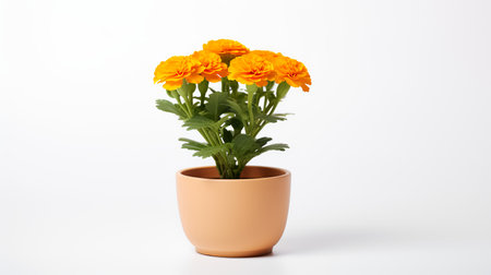 Photo of marigold in minimalist pot as houseplant for home decoration isolated on white backgroundの素材