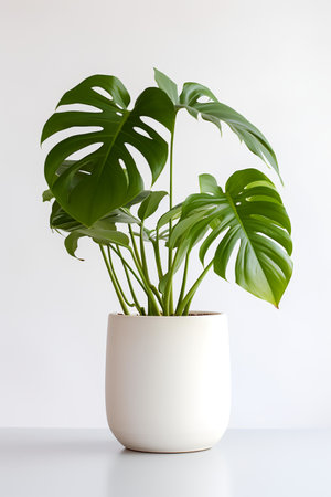 Photo of monstera in minimalist pot as houseplant for home decoration isolated on white backgroundの素材