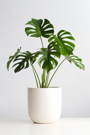Photo of monstera in minimalist pot as houseplant for home decoration isolated on white backgroundの素材