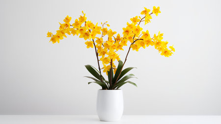 Photo of Oncidium in minimalist pot as houseplant for home decoration on white table isolated on white backgroundの素材