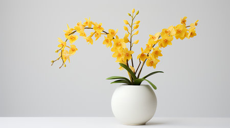 Photo of Oncidium in minimalist pot as houseplant for home decoration on white table isolated on white backgroundの素材