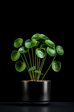 Photo of Pilea_peperomioides in minimalist pot as houseplant for home decoration isolated on black backgroundの素材