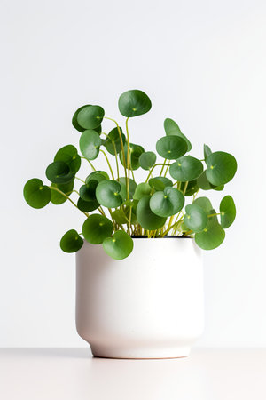 Photo of Pilea_peperomioides in minimalist pot as houseplant for home decoration isolated on white backgroundの素材