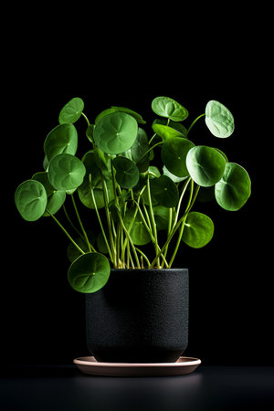 Photo of Pilea_peperomioides in minimalist pot as houseplant for home decoration isolated on black backgroundの素材