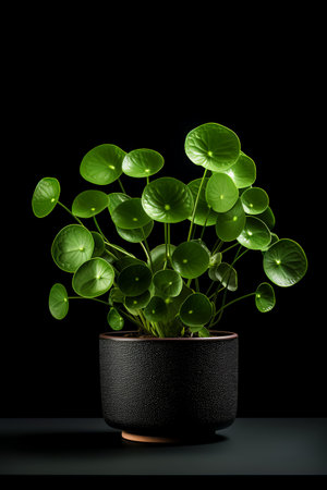 Photo of Pilea_peperomioides in minimalist pot as houseplant for home decoration isolated on black backgroundの素材