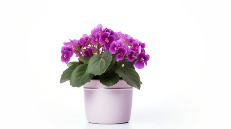 Photo of Saintpaulia in minimalist pot as houseplant for home decoration isolated on white backgroundの素材