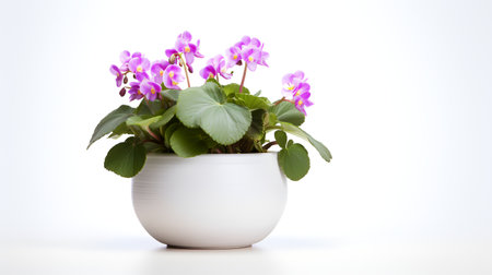 Photo of Saintpaulia in minimalist pot as houseplant for home decoration isolated on white backgroundの素材